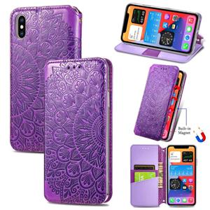 huismerk Blooming Mandala Embossed Pattern Magnetic Horizontal Flip Leather Case with Holder & Card Slots & Wallet For iPhone XS / X(Purple)