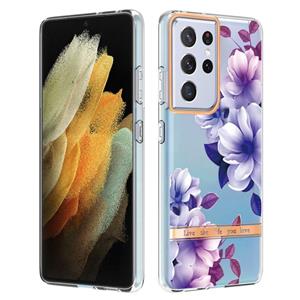 huismerk Voor Samsung Galaxy S21 Ultra 5G Bloemen en planten Serie IMD TPU Telefoonhoes (Paars Begonia)