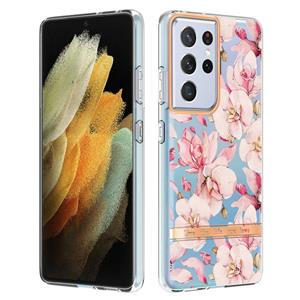 huismerk Voor Samsung Galaxy S21 Ultra 5G Bloemen en planten Serie IMD TPU Telefoonhoes (Pink Gardenia)