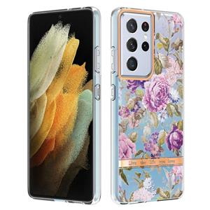 huismerk Voor Samsung Galaxy S21 Ultra 5G Bloemen en planten Serie IMD TPU Telefoonhoes (Purple Peony)