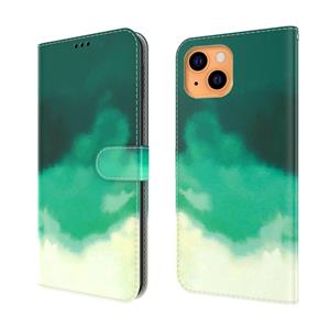 huismerk Aquarel Patroon Horizontale Flip Leren Case met Houder & Card Slot & Portemonnee voor iPhone 13 Mini (Cyaan Groen)