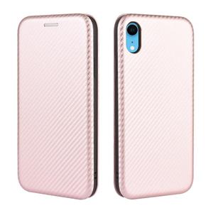 huismerk Voor iPhone XR Carbon Fiber Texture Magnetic Horizontal Flip TPU + PC + PU Leather Case met kaartsleuf(Roze)