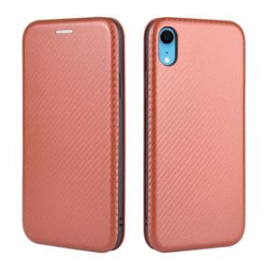 huismerk Voor iPhone XR Carbon Fiber Texture Magnetic Horizontal Flip TPU + PC + PU Leather Case met kaartsleuf(Bruin)