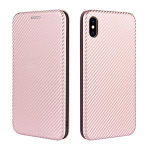 huismerk Voor iPhone XS Max Carbon Fiber Textuur Magnetische horizontale flip TPU + PC + PU lederen hoes met kaartsleuf(Roze)