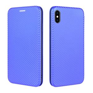 huismerk Voor iPhone XS Max Carbon Fiber Textuur Magnetische horizontale flip TPU + PC + PU lederen hoes met kaartsleuf(Blauw)