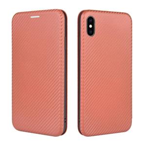 huismerk Voor iPhone XS Max Carbon Fiber Textuur Magnetische horizontale flip TPU + PC + PU lederen hoes met kaartsleuf(Bruin)