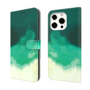 huismerk Aquarel Patroon Horizontale Flip Lederen Case met Houder & Card Slot & Portemonnee voor iPhone 13 Pro Max (Cyaan Groen)