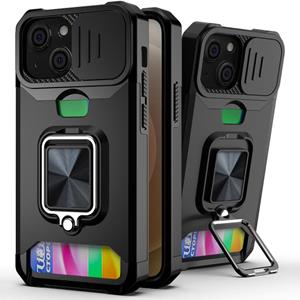 huismerk Glijdende Camera Cover Design PC + TPU Shockproof Case met Ring Holder & Card Slot voor iPhone 13 Mini