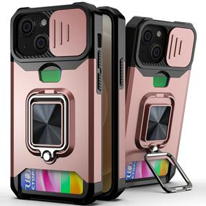 huismerk Schuifcamera Cover Design PC + TPU Shockproof Case met ringhouder & kaartsleuf voor iPhone 13 Mini (Rose Gold)