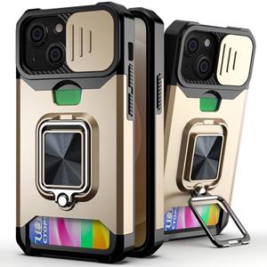 huismerk Glijdende Camera Cover Ontwerp PC + TPU Shockproof Case met Ring Holder & Card Slot voor iPhone 13 Mini