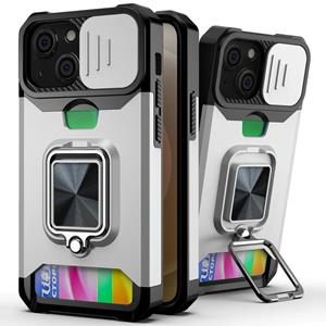 huismerk Glijdende Camera Cover Design PC + TPU Shockproof Case met Ring Holder & Card Slot voor iPhone 13 Mini