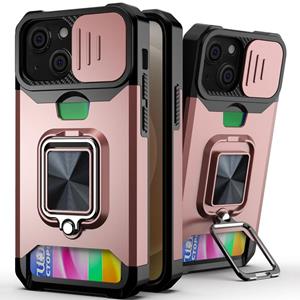 huismerk Schuifcamera Cover Design PC + TPU Shockproof Case met Ring Houder & Card Slot voor iPhone 13 (Rose Gold)