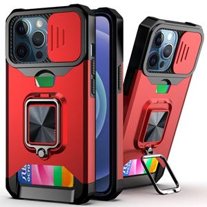 huismerk Schuifcamera Cover Design PC + TPU Shockproof Case met Ring Holder & Card Slot voor iPhone 13 Pro