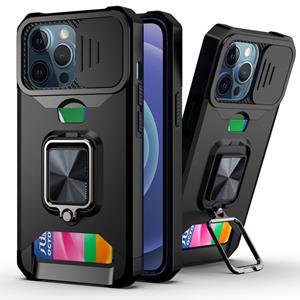 huismerk Glijdende Camera Cover Design PC + TPU Shockproof Case met Ring Holder & Card Slot voor iPhone 13 Pro (Zwart)