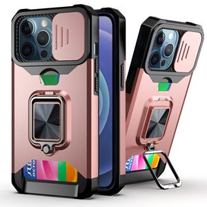 huismerk Glijdende Camera Cover Design PC + TPU Shockproof Case met Ring Holder & Card Slot voor iPhone 13 Pro (Rose Gold)