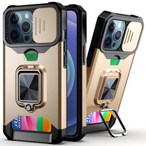 huismerk Glijdende Camera Cover Ontwerp PC + TPU Shockproof Case met Ring Holder & Card Slot voor iPhone 13 Pro (Gold)