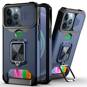 huismerk Schuifcamera Cover Ontwerp PC + TPU Schokbestendig Case met Ring Houder & Card Slot voor iPhone 13 Pro (Blauw)