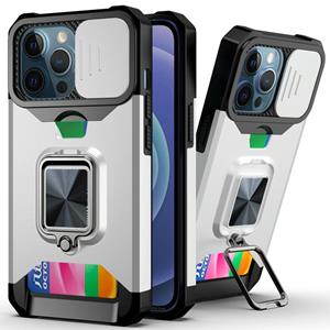 huismerk Schuifcamera Cover Design PC + TPU Shockproof Case met Ring Holder & Card Slot voor iPhone 13 Pro (Silver)