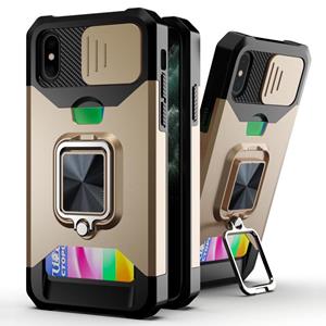 huismerk Schuifcamera Cover Design PC + TPU Shockproof Case met Ring Holder & Card Slot voor iPhone XS / X (Goud)