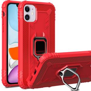 huismerk Voor iPhone 12 5 4 inch carbon fiber beschermhoes met 360 graden roterende ringhouder(Rood)