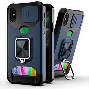 huismerk Sliding Camera Cover Design PC + TPU Schokbestendig Hoesje met Ring Houder &Card Slot Voor iPhone XS / X (Blauw)