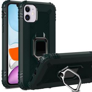 huismerk Voor iPhone 12 5 4 inch carbon fiber beschermhoes met 360 graden roterende ringhouder(groen)