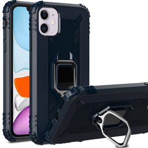 huismerk Voor iPhone 12 5 4 inch carbon fiber beschermhoes met 360 graden roterende ringhouder(Blauw)