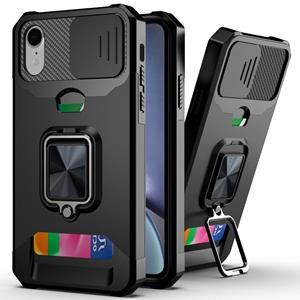 huismerk Schuifcamera Cover Design PC + TPU Shockproof Case met ringhouder & kaartsleuf voor iPhone XR