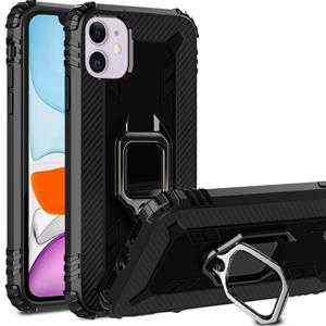 huismerk Voor iPhone 12 5 4 inch carbon fiber beschermhoes met 360 graden roterende ringhouder(Zwart)