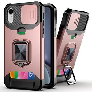 huismerk Schuifcamera Cover Design PC + TPU Shockproof Case met ringhouder & kaartsleuf voor iPhone XR (ROSE GOUD)