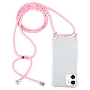 huismerk Voor iPhone 12 mini Vierhoek schokbestendige transparante TPU-hoes met Lanyard(Lichtroze)