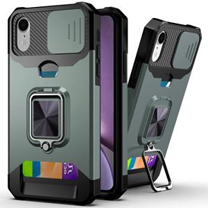 huismerk Schuifcamera Cover Ontwerp PC + TPU Shockproof Case met ringhouder & kaartsleuf voor iPhone XR