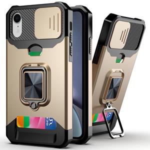 huismerk Glijdende Camera Cover Design PC + TPU Shockproof Case met Ring Holder & Card Slot voor iPhone XR