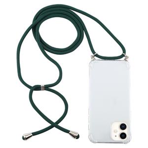 huismerk Voor iPhone 12 mini Schokbestendige transparante TPU-hoes met Lanyard(Donkergroen)