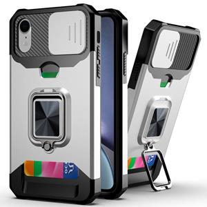 huismerk Schuifcamera Cover Design PC + TPU Shockproof Case met ringhouder & kaartsleuf voor iPhone XR