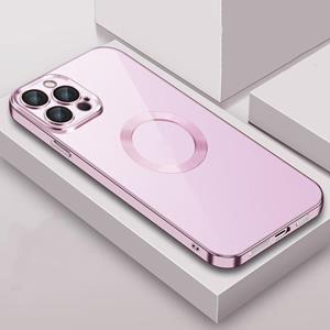 huismerk 9D Galomoplated Edge Lens Film Clear PC + TPU Shockproof Case voor iPhone 13 (Pink)