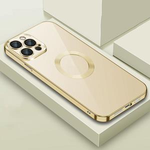 huismerk 9D Galomoplated Edge Lens Film Clear PC + TPU Shockproof Case voor iPhone 13 (Goud)