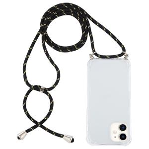 huismerk Voor iPhone 12 mini Vierhoek schokbestendige transparante TPU-hoes met Lanyard(Zwart Goud)