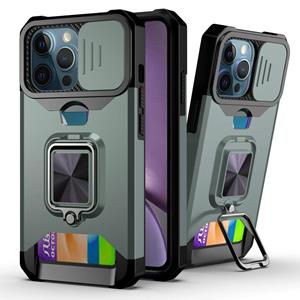 huismerk Schuifcamera Cover Design PC + TPU Shockproof Case met ringhouder & kaartsleuf voor iPhone 13 Pro Max