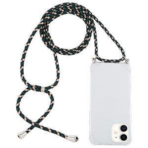 huismerk Voor iPhone 12 mini Vierhoek schokdichte transparante TPU-hoes met Lanyard(Groen Zwart)