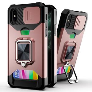 huismerk Schuifcamera Cover Design PC + TPU Shockproof Case met ringhouder & kaartsleuf voor iPhone XS MAX (ROSE GOUD)