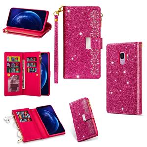 huismerk Voor Samsung Galaxy S9 Multi-card Slots Starry Sky Laser Carving Glitter Zipper Horizontale Flip Lederen Case met Holder & Wallet & Lanyard(Rose Red)