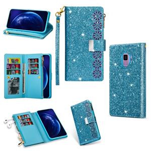 huismerk Voor Samsung Galaxy S9 Multi-card Slots Starry Sky Laser Carving Glitter Zipper Horizontale Flip Lederen Case met Holder & Wallet & Lanyard(Sky Blue)