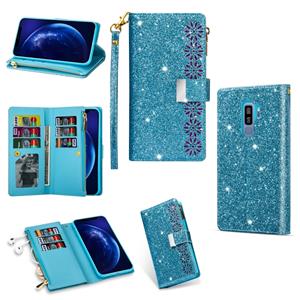 huismerk Voor Samsung Galaxy S9+ Multi-card Slots Starry Sky Laser Carving Glitter Zipper Horizontale Flip Lederen Case met Holder & Wallet & Lanyard(Sky Blue)