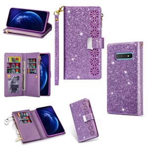 huismerk Voor Samsung Galaxy S10 5G Multi-card Slots Starry Sky Laser Carving Glitter Zipper Horizontale Flip Lederen Case met Holder & Wallet & Lanyard(Paars)