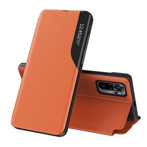 huismerk Voor Xiaomi Redmi Note 10 Pro Side Display magnetische schokbestendige horizontale flip lederen case met houder (oranje)