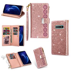 huismerk Voor Samsung Galaxy S10e Multi-card Slots Starry Sky Laser Carving Glitter Zipper Horizontale Flip Lederen Case met Holder & Wallet & Lanyard(Rose Gol