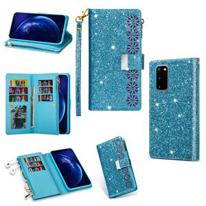 huismerk Voor Samsung Galaxy S20 Multi-card Slots Starry Sky Laser Carving Glitter Zipper Horizontale Flip Lederen Case met Holder & Wallet & Lanyard(Sky Blue)