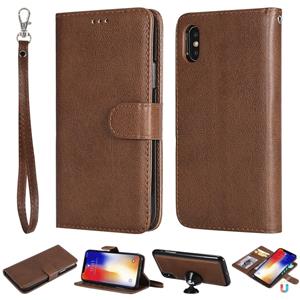 huismerk Voor iPhone X / XS Solid Color Horizontal Flip Protective Case met Houder & Card Slots & Wallet & Photo Frame & Lanyard(Brown)