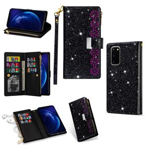 huismerk Voor Samsung Galaxy S20 Multi-card Slots Starry Sky Laser Carving Glitter Zipper Horizontale Flip Lederen Case met Holder & Wallet & Lanyard(Zwart)